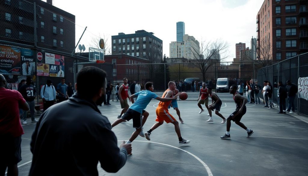 Интенсивная игра на знаменитой уличной площадке Rucker Park в Нью-Йорке Интенсивная игра на знаменитой уличной площадке Rucker Park в Нью-Йорке