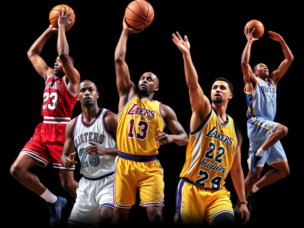 Коллаж из легендарных игроков NBA разных эпох Коллаж из легендарных игроков NBA разных эпох