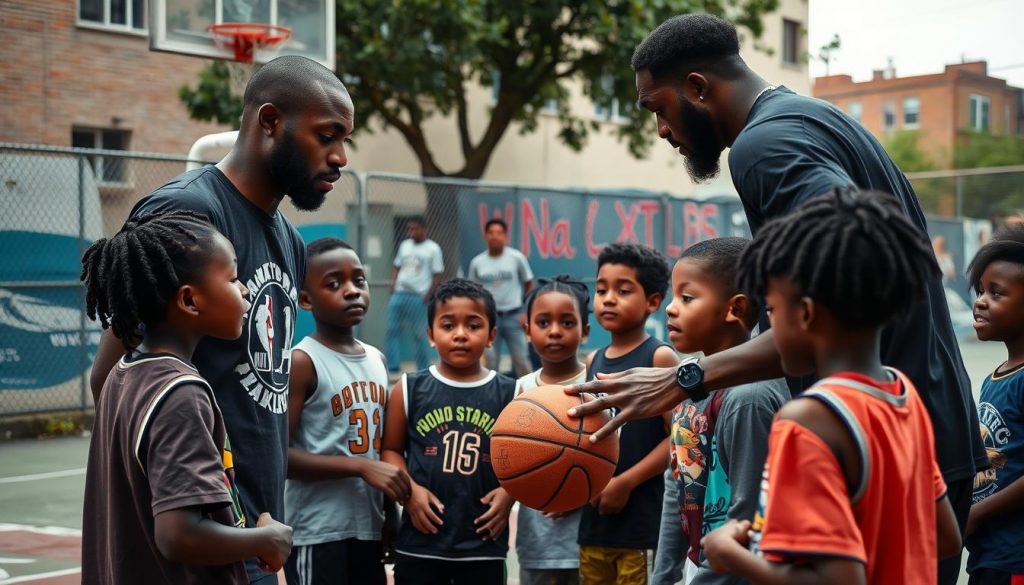 Профессиональный игрок NBA проводит мастер-класс для детей на уличной площадке Профессиональный игрок NBA проводит мастер-класс для детей на уличной площадке