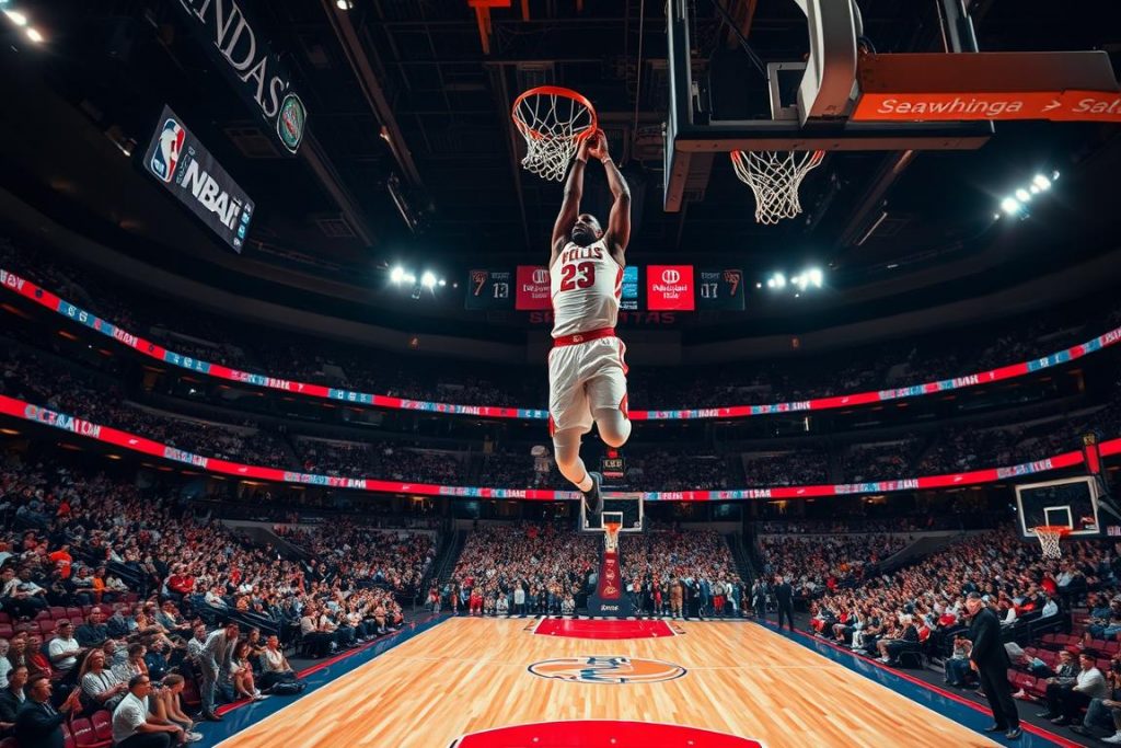 Профессиональный игрок NBA выполняет зрелищный данк на арене Профессиональный игрок NBA выполняет зрелищный данк на арене