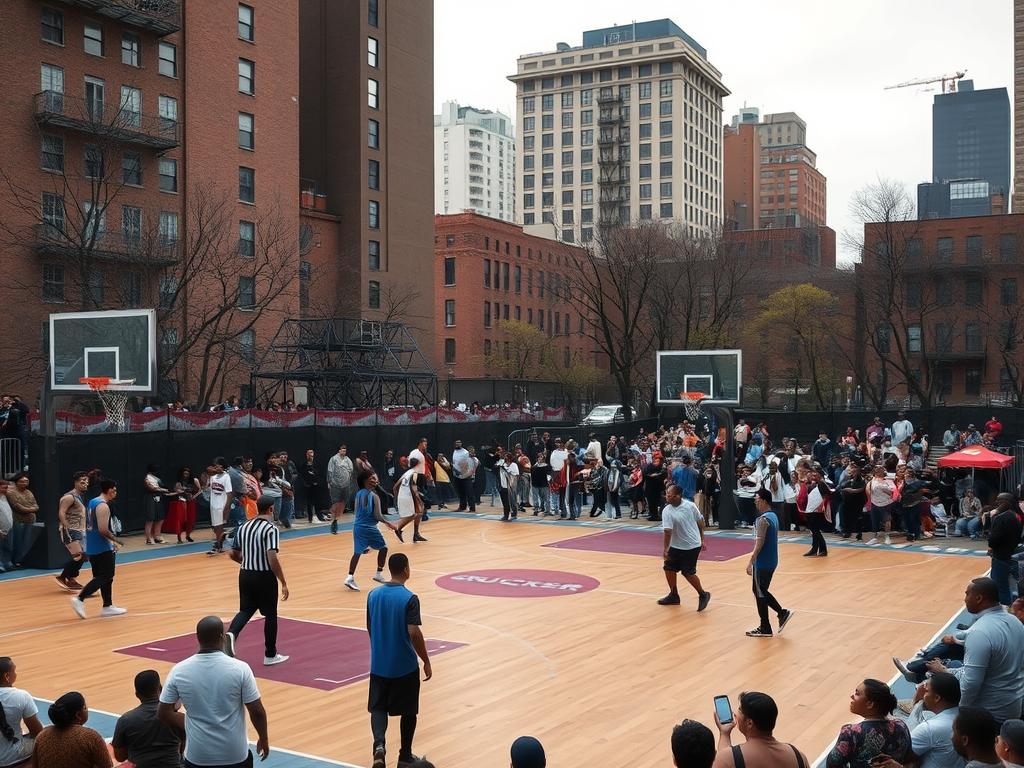 Знаменитая баскетбольная площадка Rucker Park в Гарлеме, Нью-Йорк Знаменитая баскетбольная площадка Rucker Park в Гарлеме, Нью-Йорк